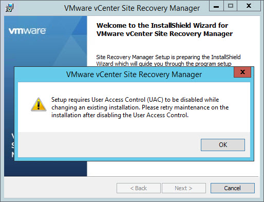 Modifying VMware Site Recovery Manager – Windows 2012 UAC error – The ...